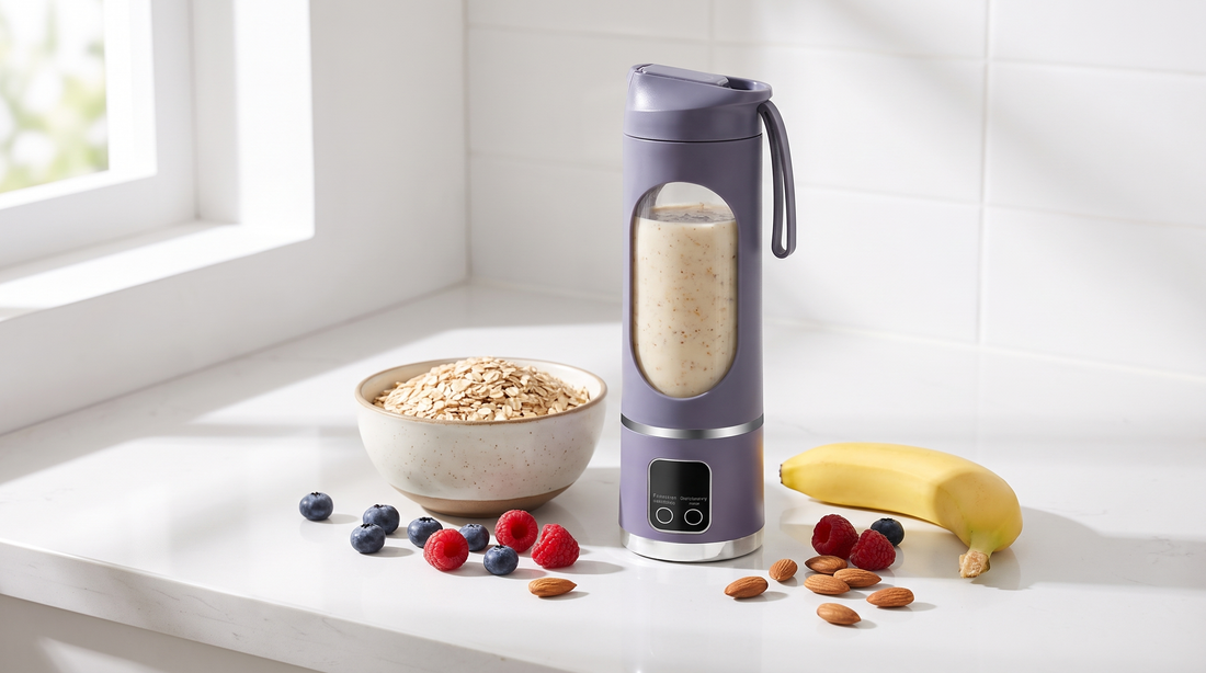 NEWDRU portable blender bottle beside a creamy oats banana smoothie, rolled oats, banana and berries on a bright kitchen counter
