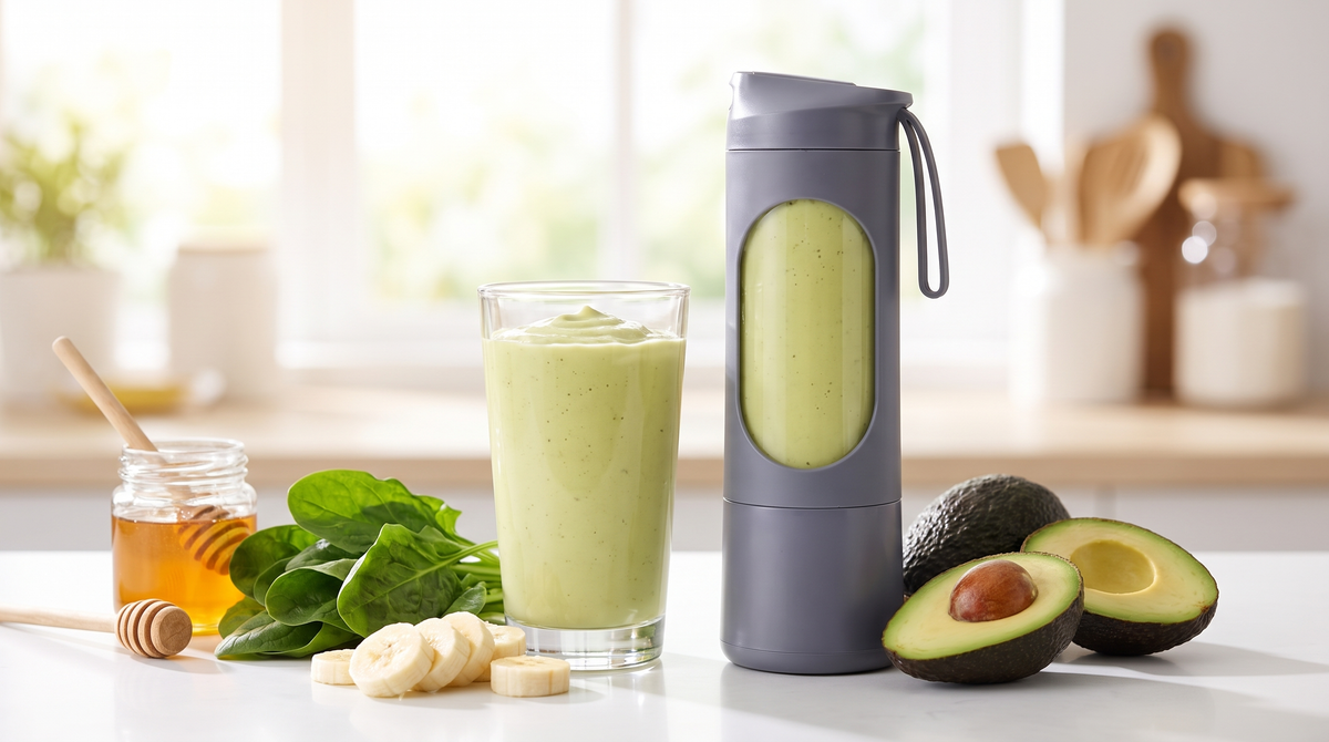 Creamy green avocado smoothie in a glass beside a NEWDRU portable blender bottle, ripe avocados and banana