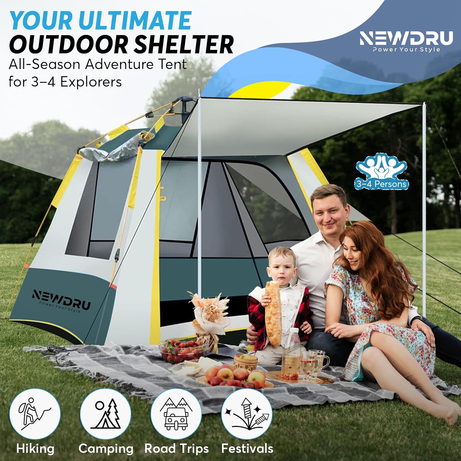 4 Person Waterproof Camping Tent – Instant Setup – NEWDRU