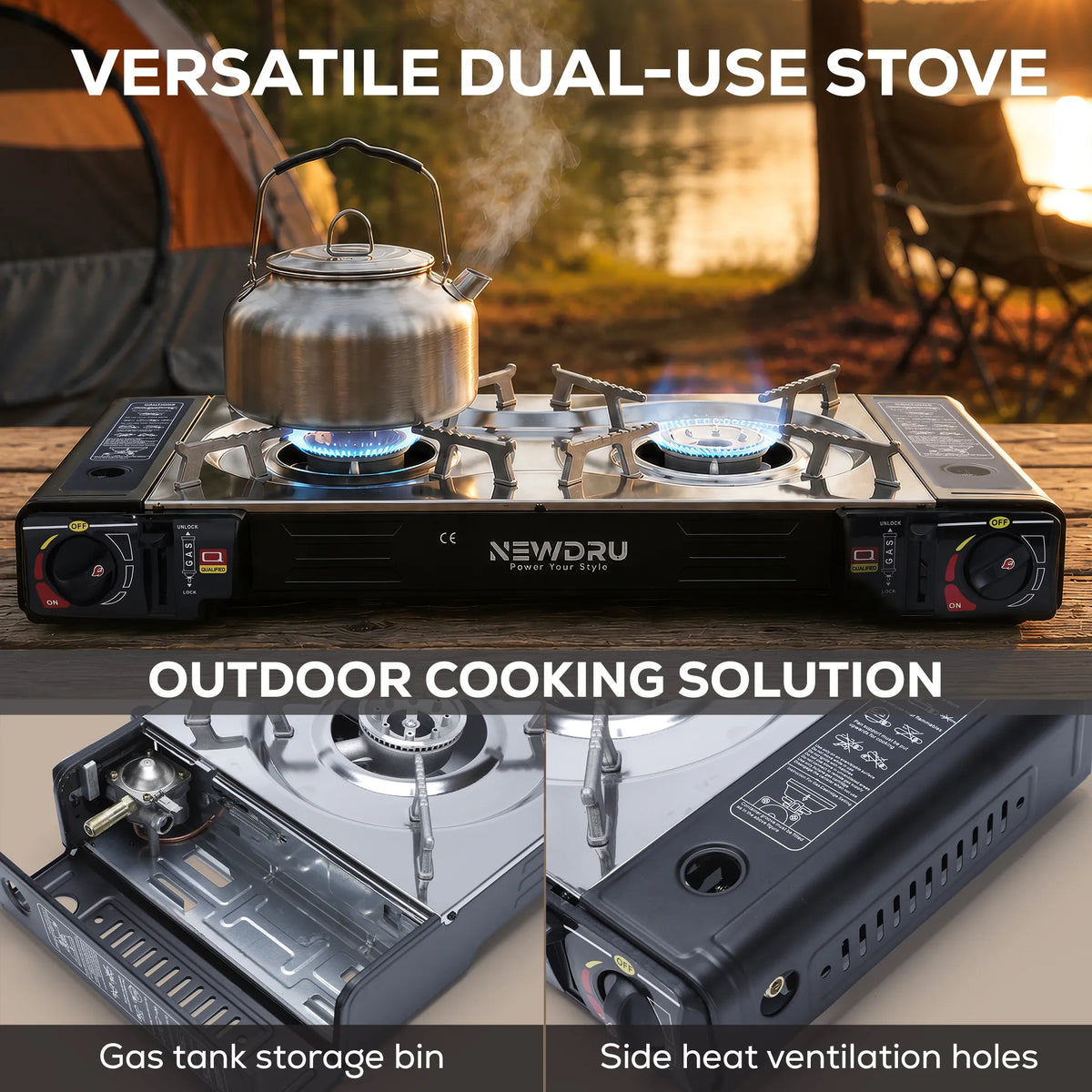 NEWDRU Portable Double Burner Gas Stove with Carrying Case