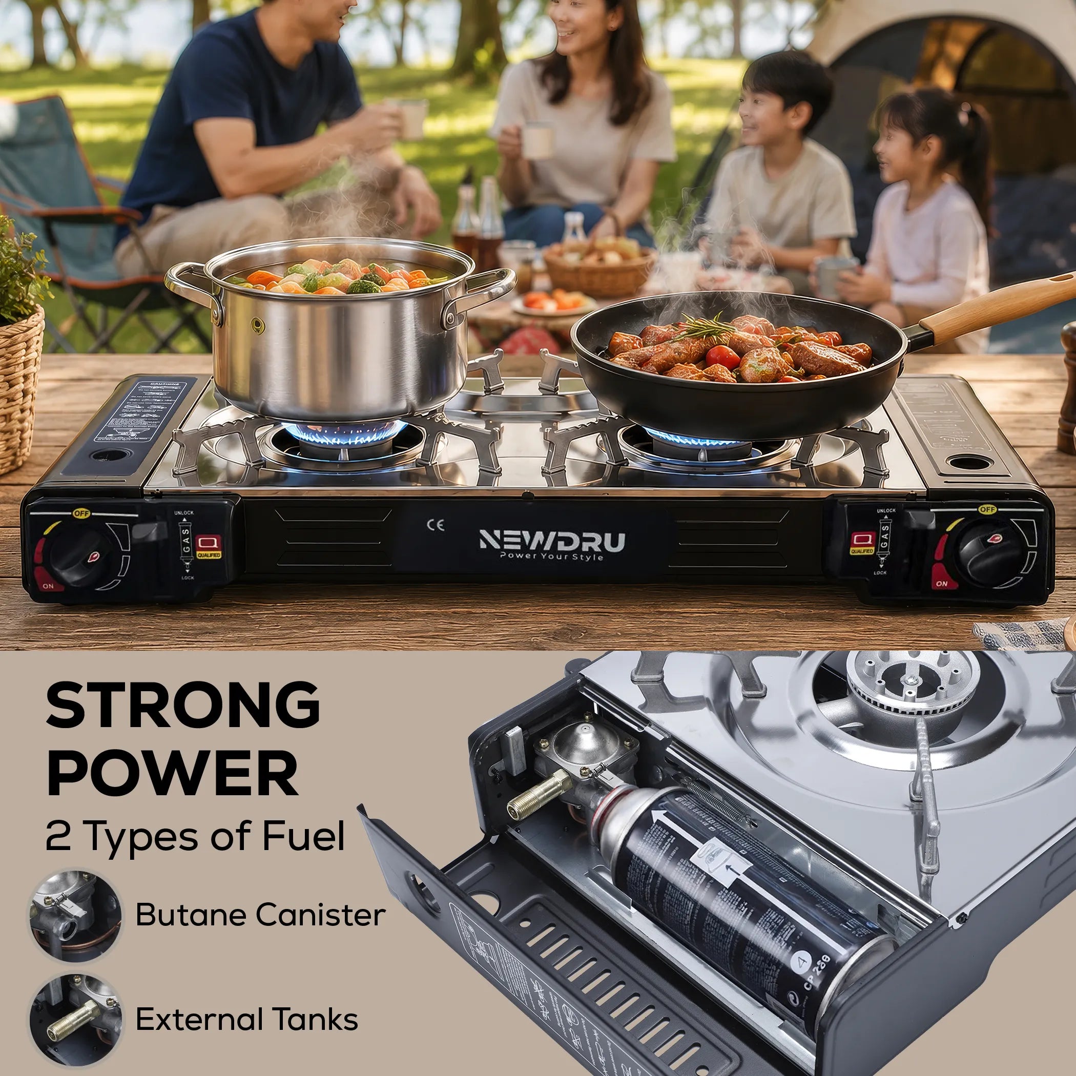 NEWDRU Portable Double Burner Gas Stove with Carrying Case