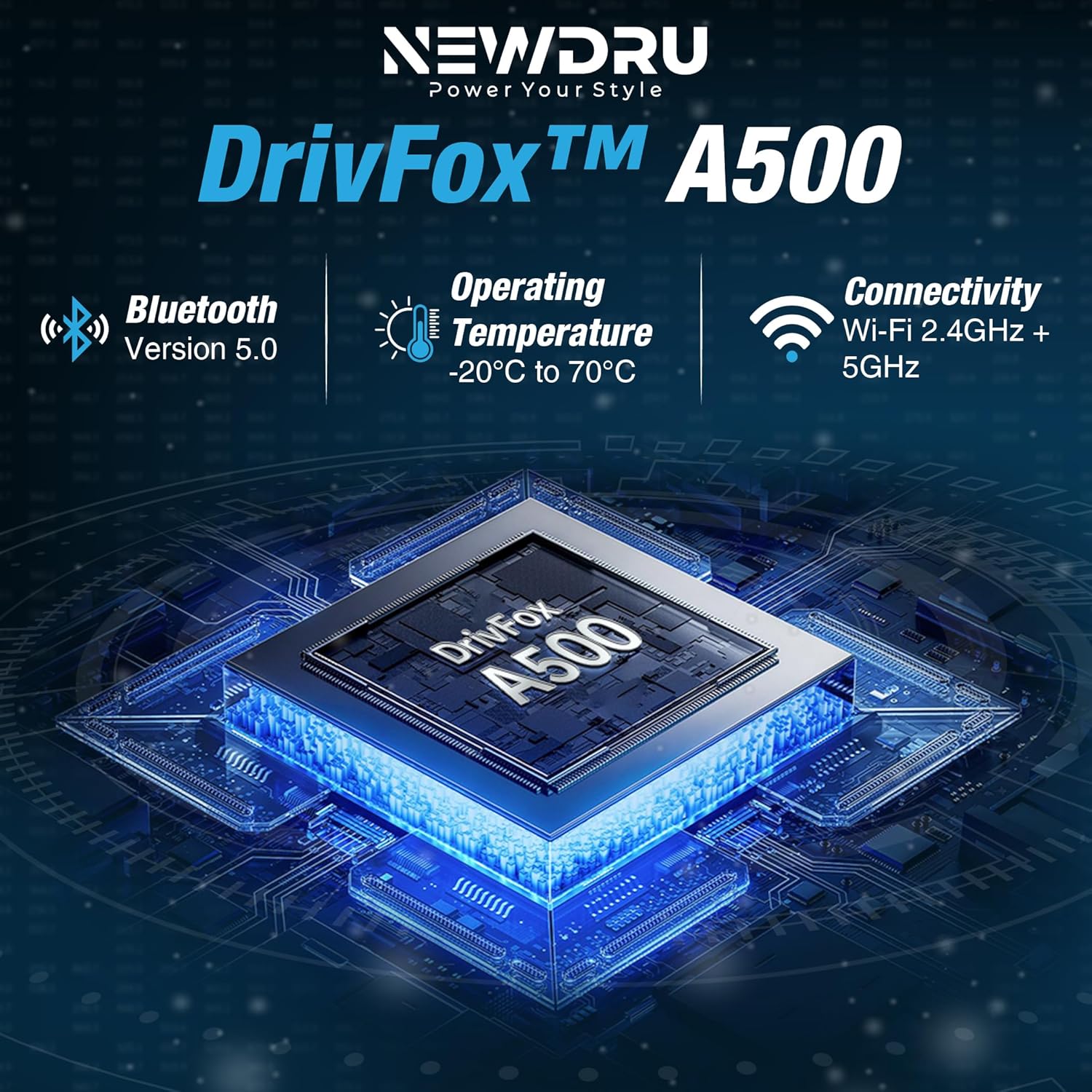 Newdru DrivFox A500 electronic component with specifications on a dark background