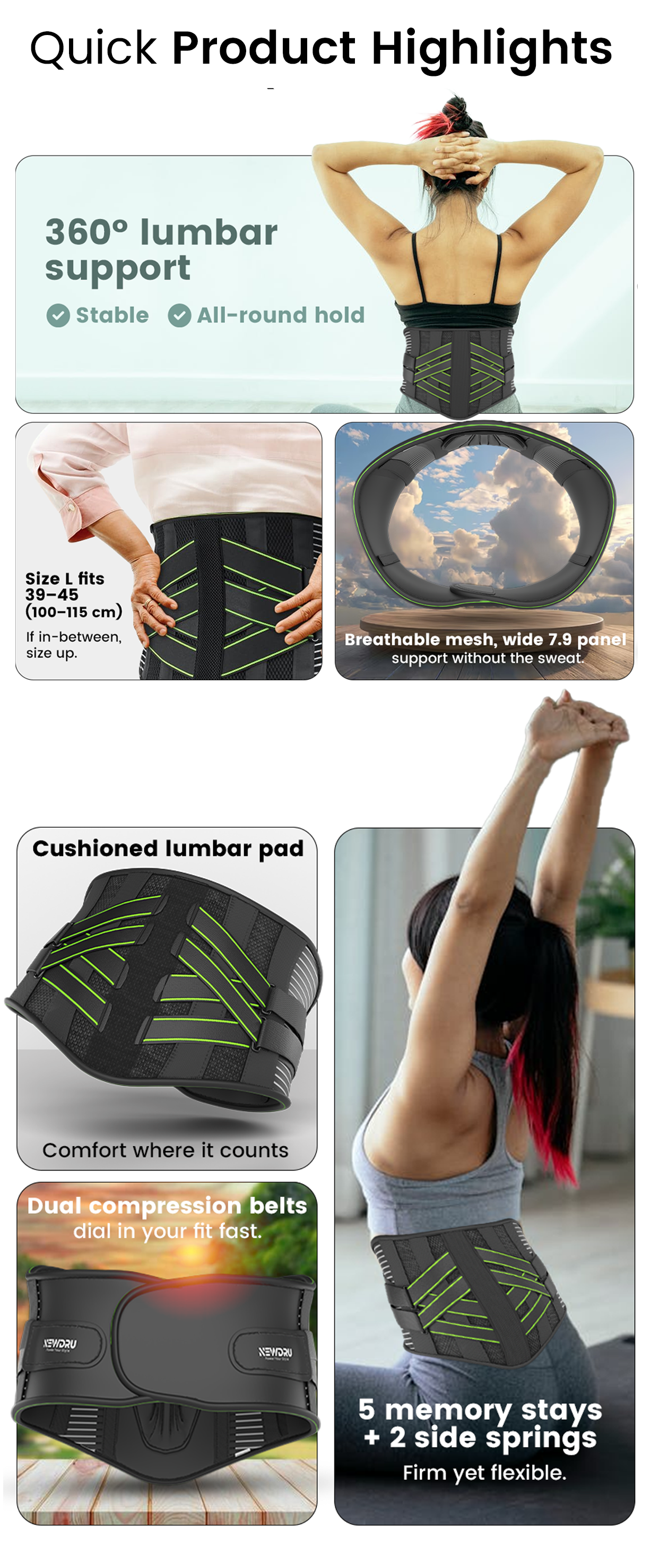 SpineFlex Pro Lumbar Support Belt with 7-Stay Support System