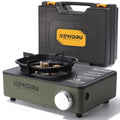 NEWDRU FlameGuard Ranger portable gas stove in olive green with hard carry case and pan support