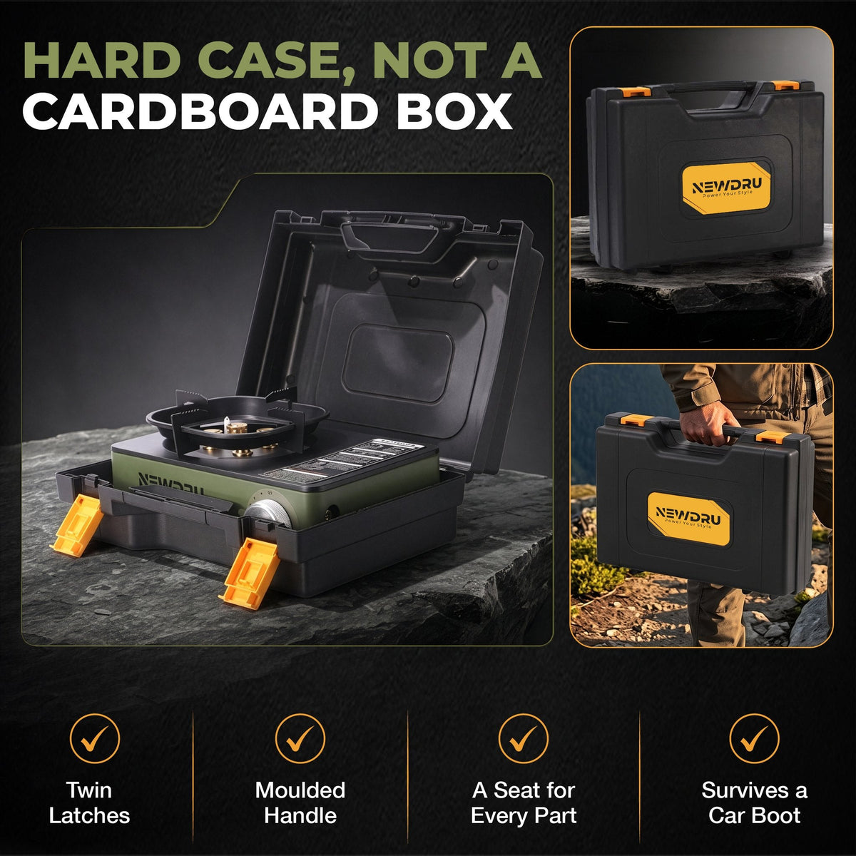 FlameGuard Ranger hard carry case with twin latches and moulded handle for portable gas stove