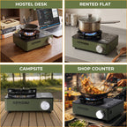 NEWDRU portable gas stove in use on a hostel desk, rented flat kitchen, campsite and shop counter