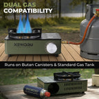 FlameGuard Ranger dual gas compatibility running on a butane canister or an external gas tank