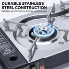 Durable stainless steel construction and enamel pan supports on the NEWDRU double burner camping stove