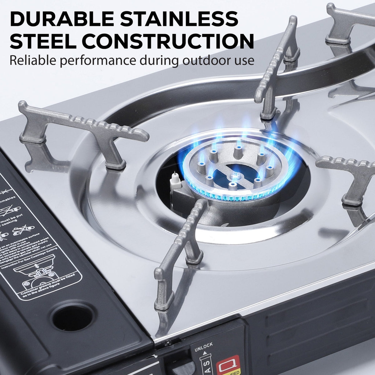 Durable stainless steel construction and enamel pan supports on the NEWDRU double burner camping stove