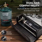 Dual gas compatibility: double burner stove running on butane canisters or a standard external gas tank