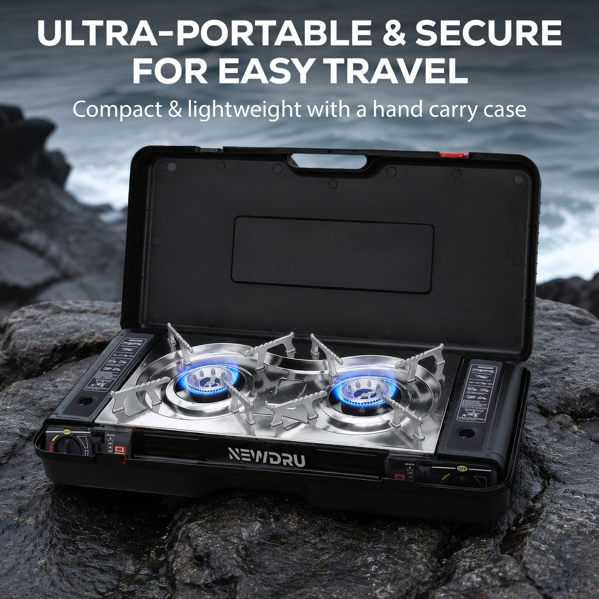 Ultra-portable double burner camping stove packed in its hard hand carry case on a rock