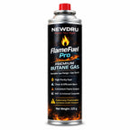NEWDRU FlameFuel Pro premium butane gas 225g cartridge beside a lit portable camping stove in the mountains