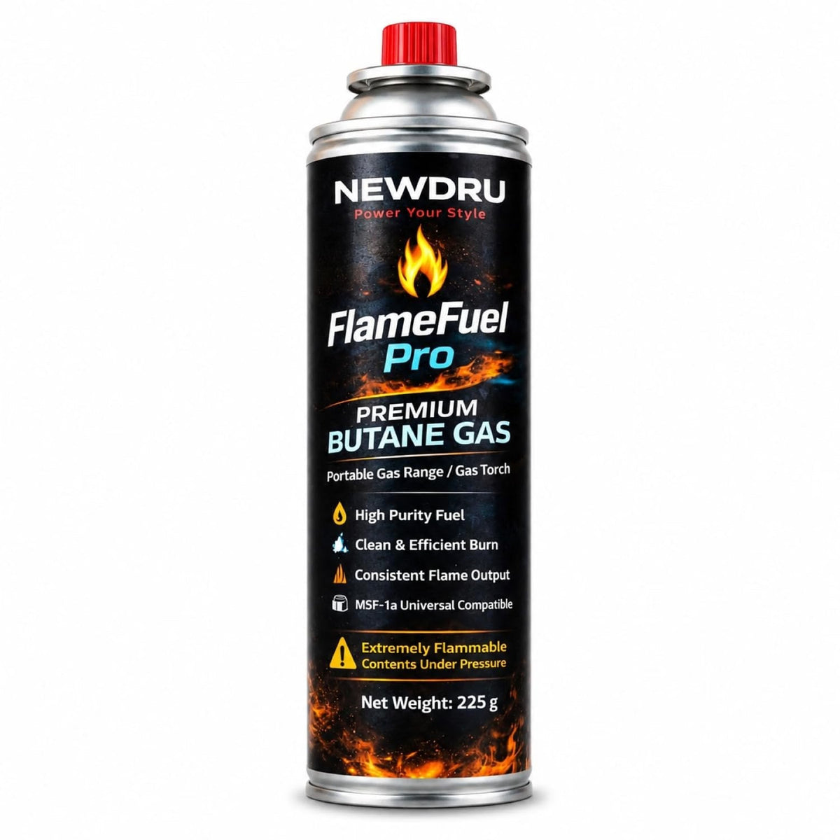 NEWDRU FlameFuel Pro premium butane gas 225g cartridge beside a lit portable camping stove in the mountains