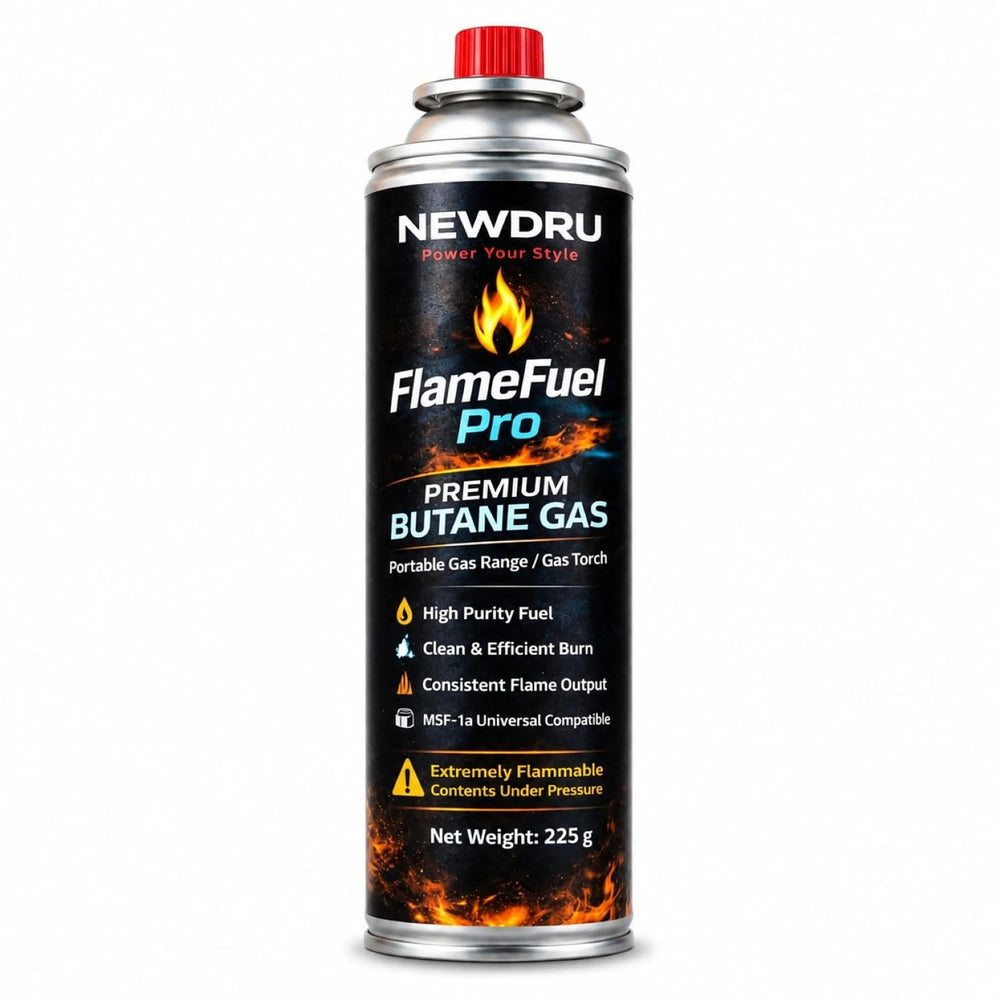 NEWDRU FlameFuel Pro Premium Butane Gas Cartridge – 225g (MSF-1a Universal)
