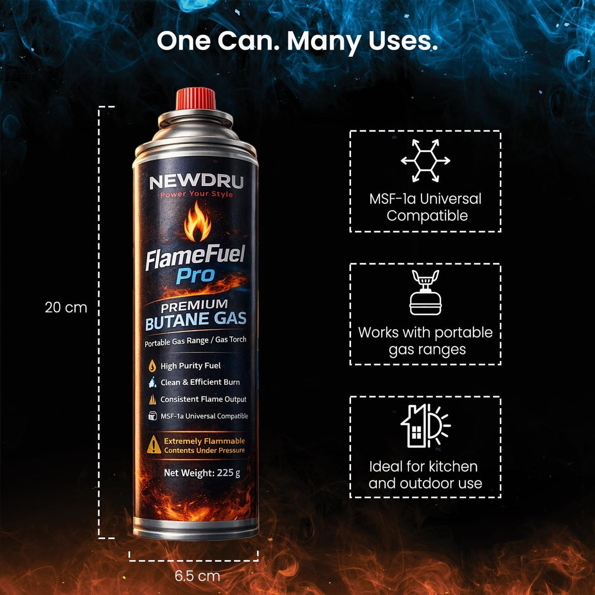 High purity butane gas producing a clean blue flame on a NEWDRU portable gas stove