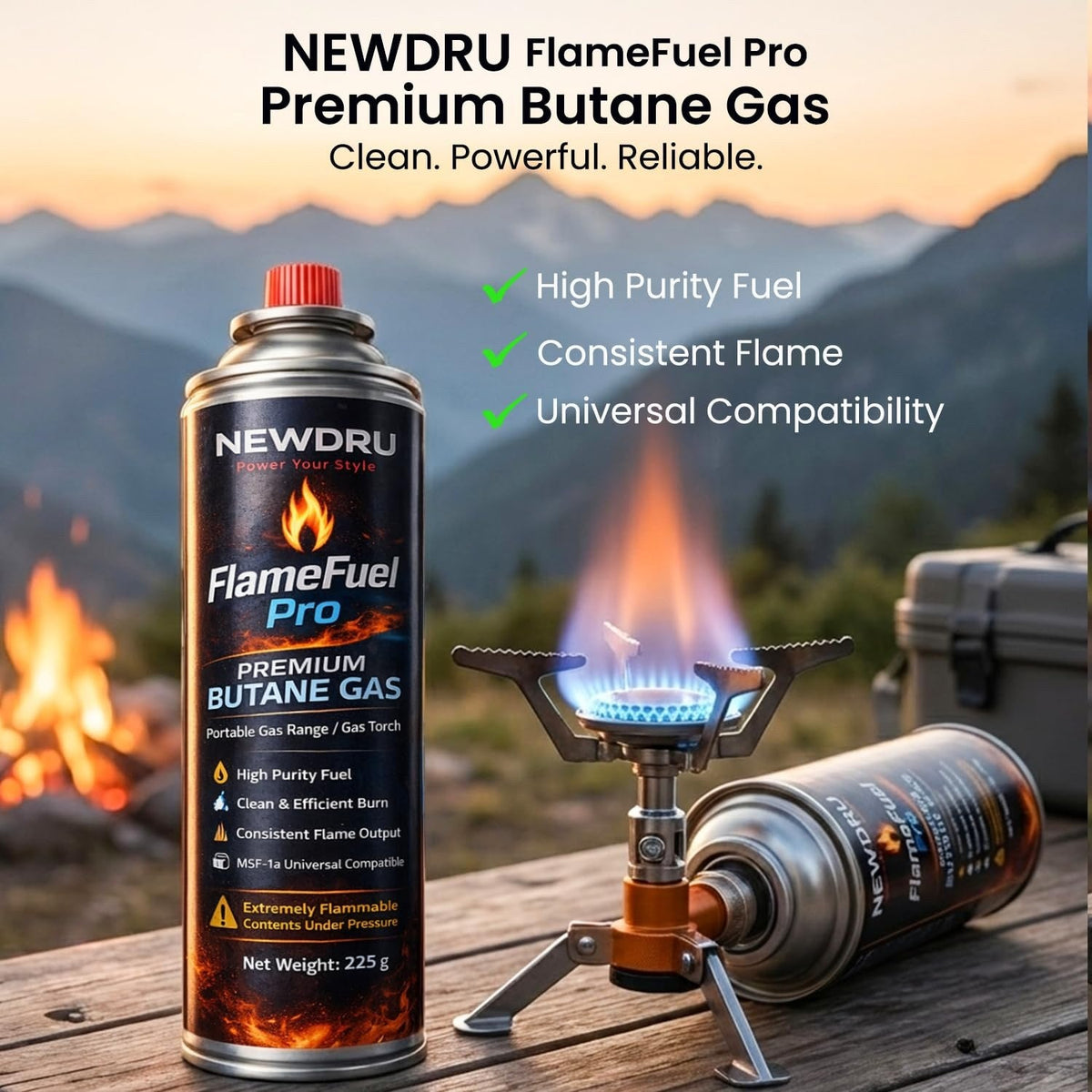 FlameFuel Pro butane cartridge fitted to a kitchen gas torch with leak-proof sealed container
