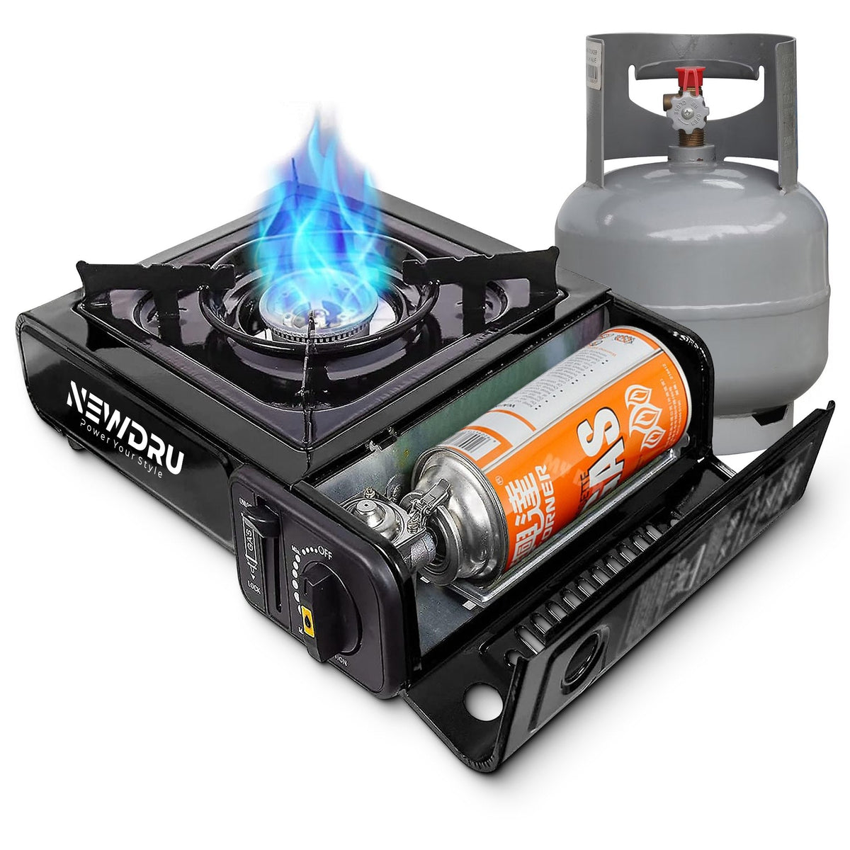 NEWDRU FlameGuard Pro portable butane camping stove with blue flame, gas canister and cylinder