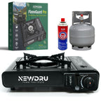 FlameGuard Pro single burner camping stove with retail box and butane gas cartridge