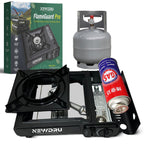 FlameGuard Pro portable gas stove showing side-loading butane canister slot and pot rack
