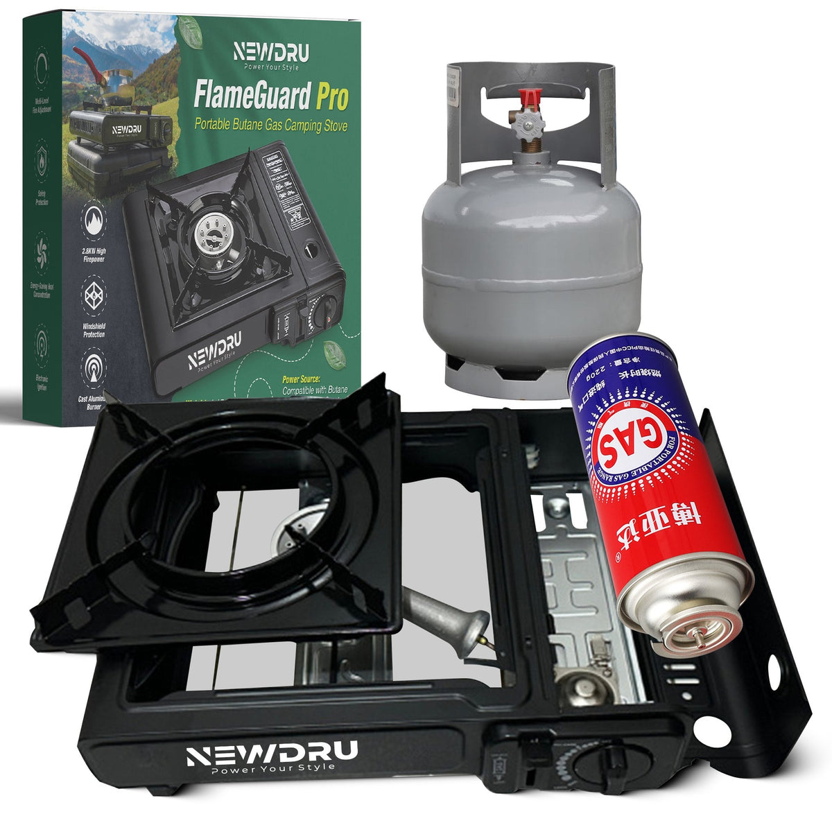 FlameGuard Pro portable gas stove showing side-loading butane canister slot and pot rack