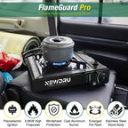 FlameGuard Pro features: piezoelectric ignition, 2.8kW firepower, windshield protection, cast aluminium burner