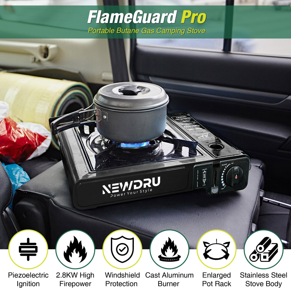 FlameGuard Pro features: piezoelectric ignition, 2.8kW firepower, windshield protection, cast aluminium burner