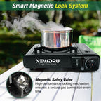 Magnetic safety valve locking mechanism on the NEWDRU FlameGuard Pro portable gas stove