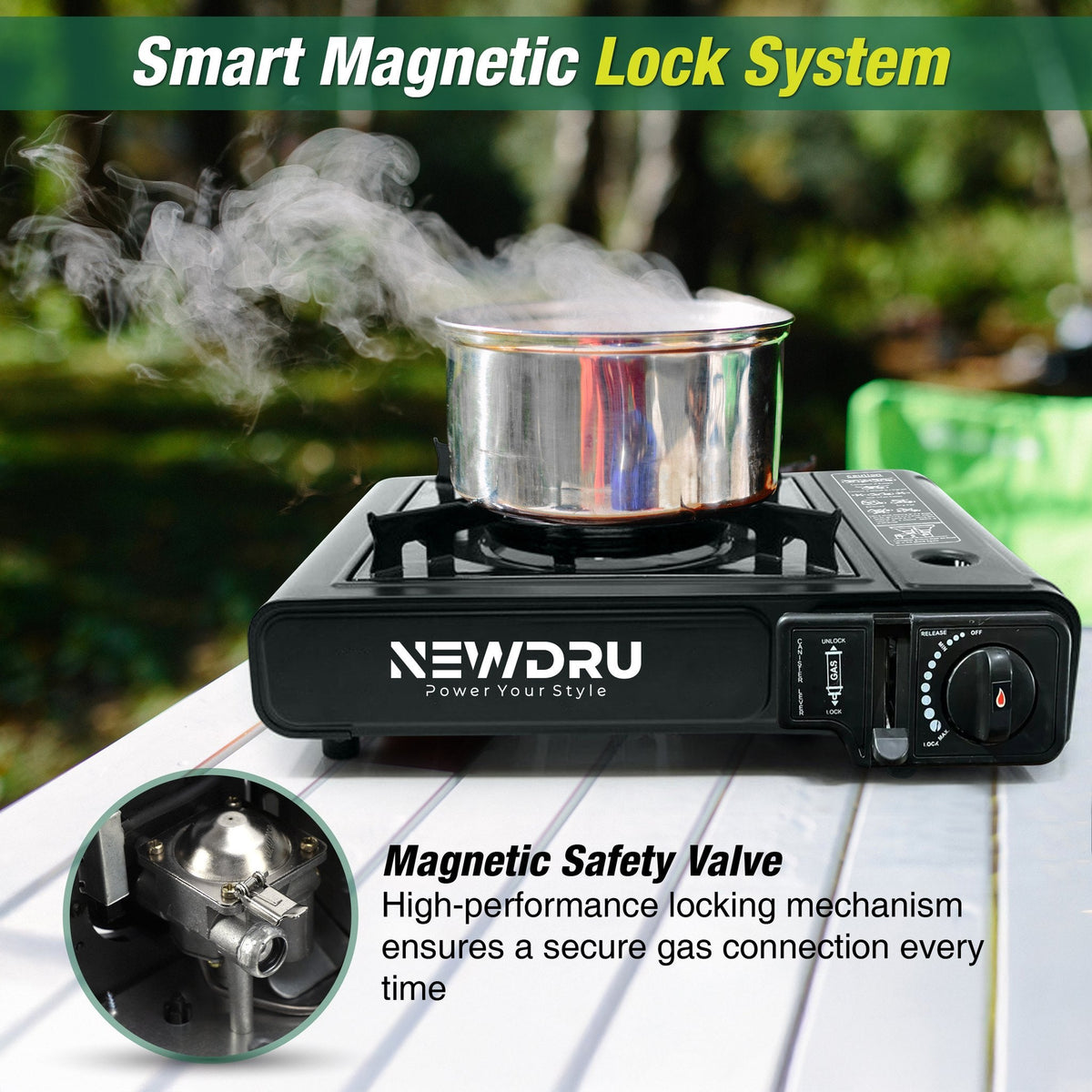 Magnetic safety valve locking mechanism on the NEWDRU FlameGuard Pro portable gas stove