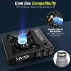 FlameGuard Pro dual gas compatibility with butane canisters and standard gas tanks via snap-in mechanism