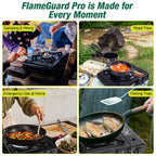 FlameGuard Pro portable stove used for camping, hiking, road trips, emergency home cooking and fishing