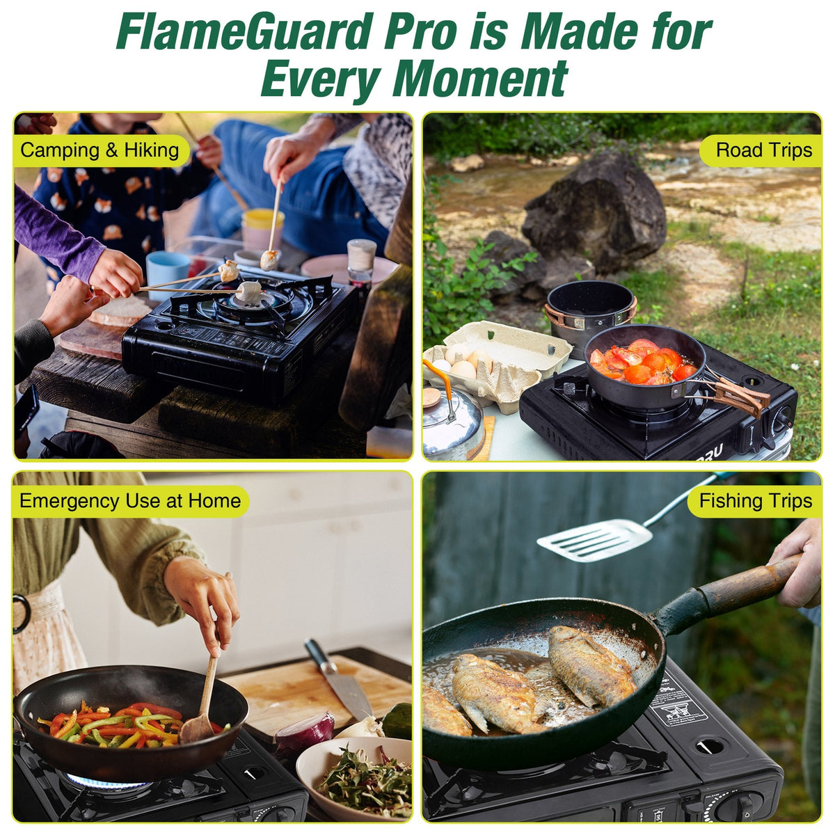 FlameGuard Pro portable stove used for camping, hiking, road trips, emergency home cooking and fishing