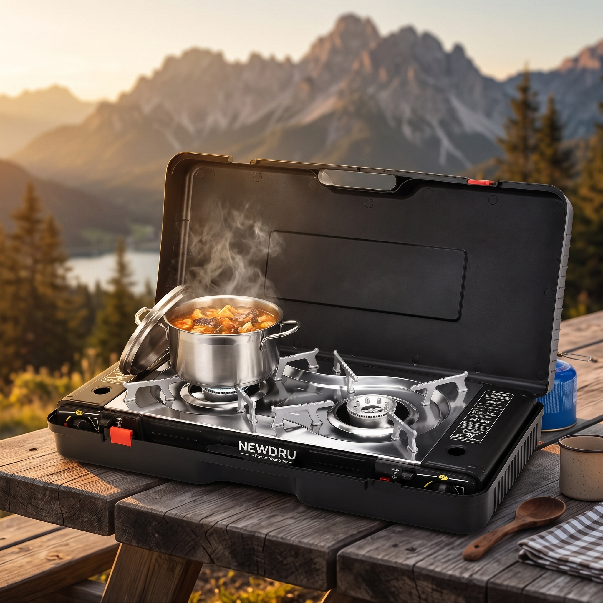 NEWDRU Double Burner Gas Stove - cooking at campsite