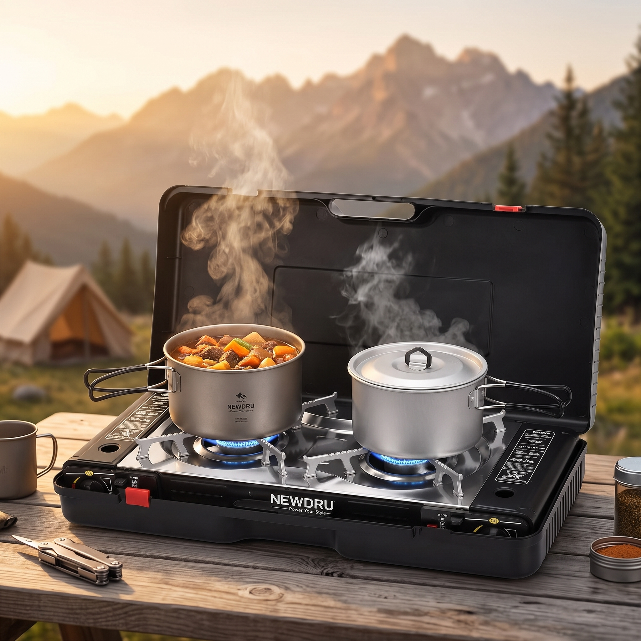 NEWDRU Double Burner Gas Stove - cooking at campsite