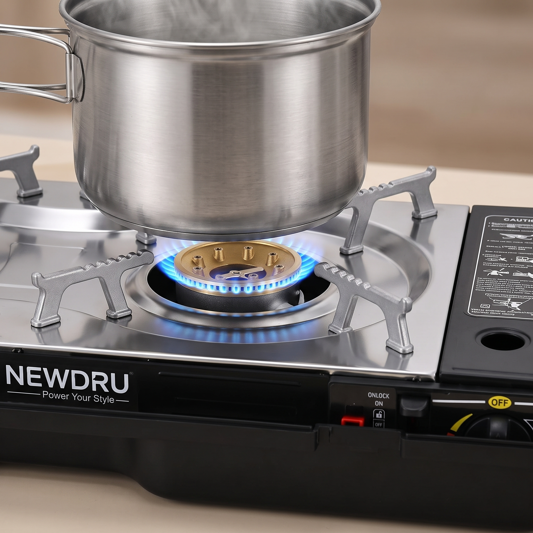 NEWDRU Double Burner Gas Stove - blue flame close-up