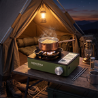 NEWDRU Mini Gas Stove - cooking at a tent