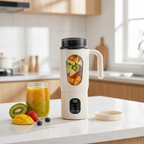 NEWDRU HS-960 portable blender travel mug lifestyle photo with fresh fruit and a smoothie