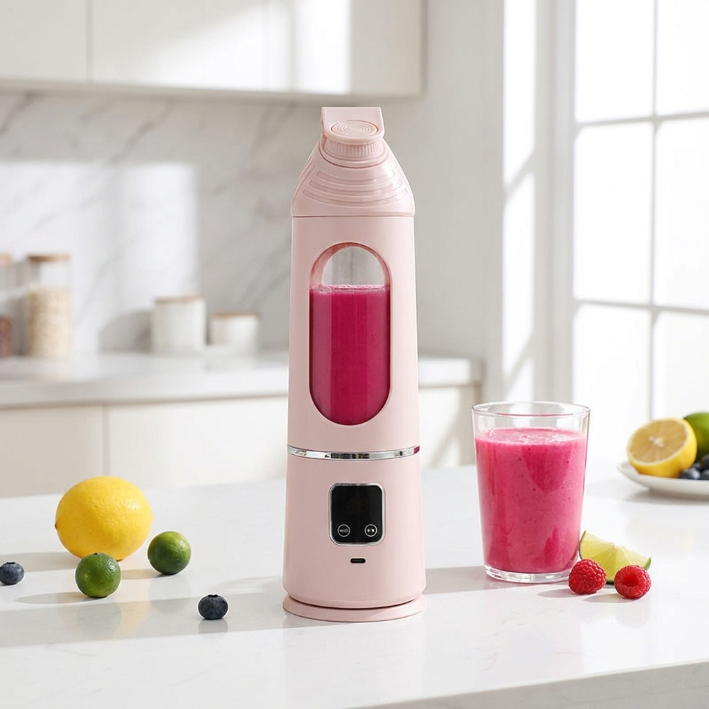 NEWDRU A10 portable blender lifestyle photo with fresh fruit and a smoothie on a kitchen counter