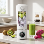 NEWDRU 700ml portable blender lifestyle photo with fresh fruit and a smoothie on a kitchen counter