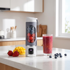 NEWDRU 450ml portable blender lifestyle photo with fresh fruit and a smoothie on a kitchen counter