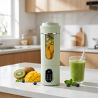 NEWDRU HS-889 portable blender lifestyle photo with fresh fruit and a smoothie on a kitchen counter