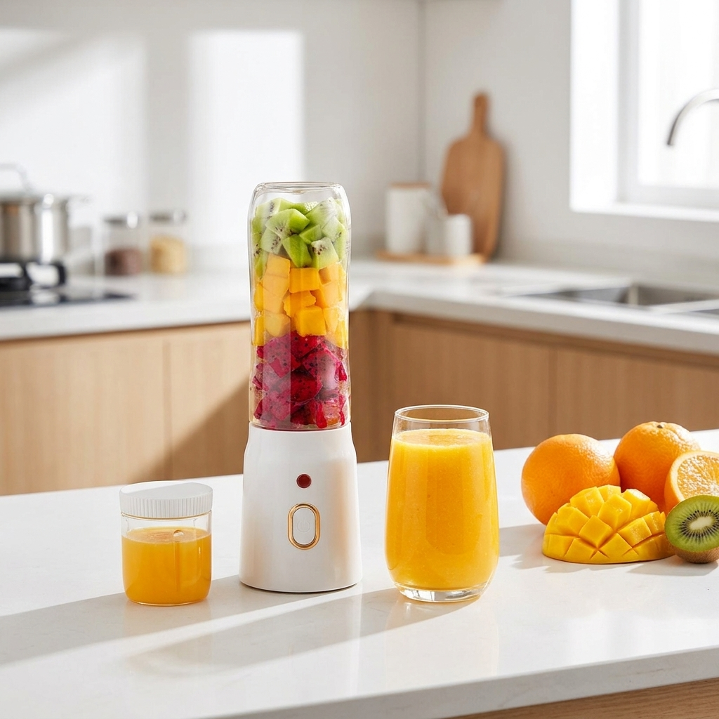 NEWDRU BDL-004 6-blade portable juicer lifestyle photo with fresh fruit and an orange smoothie