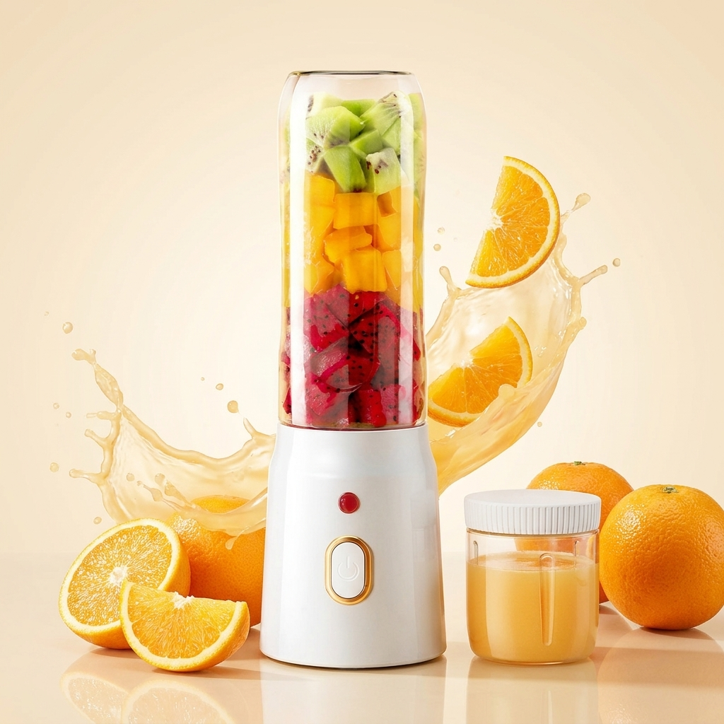 NEWDRU BDL-004 6-blade portable juicer premium studio image with orange juice