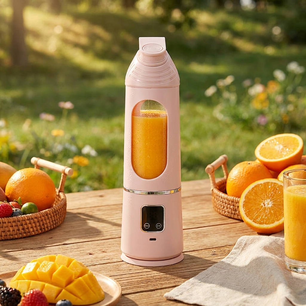 NEWDRU A10 portable blender on an outdoor picnic table