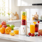 NEWDRU BDL-004 portable juicer with fresh fruit and glasses of juice