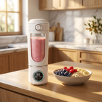 NEWDRU 700ml portable blender on a kitchen island at breakfast