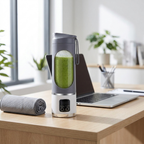 NEWDRU 450ml portable blender on an office desk with a green smoothie