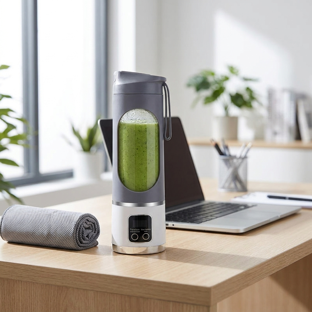 NEWDRU 450ml portable blender on an office desk with a green smoothie