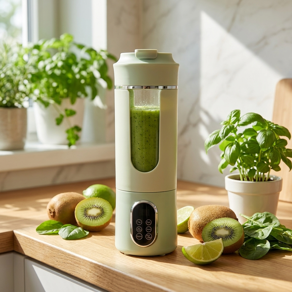 NEWDRU HS-889 portable blender on a bright kitchen counter with plants
